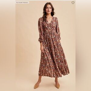 Pinkblush Mocha Floral Cinched Bust 3/4 Sleeve Maternity Maxi Dress - Small